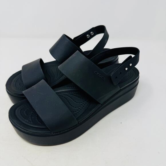 Crocs Black Platform Sandals Brooklyn Low Wedge Slingback Comfort Shoes Size 9 - Picture 1 of 13